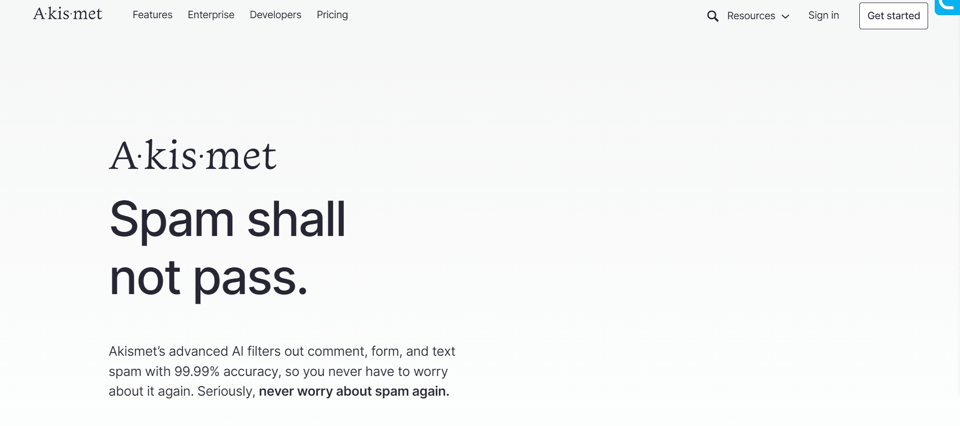 Akismet homepage with a clear message 'Spam shall not pass,' indicating their advanced AI filters to combat spam on comments, forms, and texts.