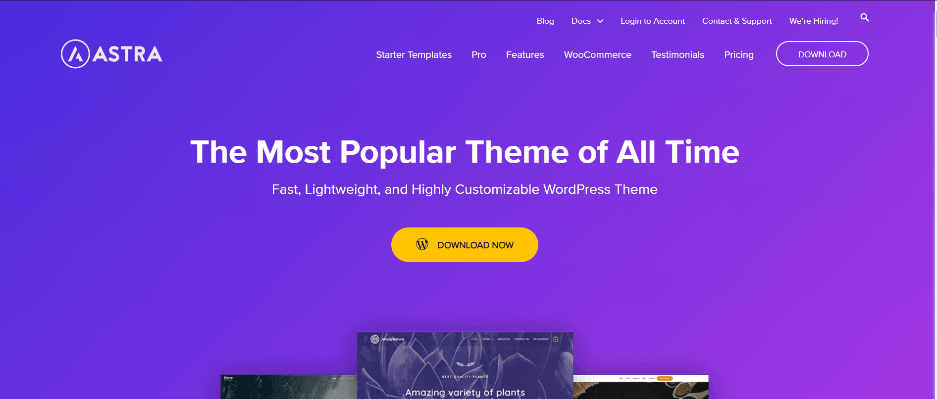 Homepage banner of Astra WordPress Theme site claiming 'The Most Popular Theme of All Time' with a purple color theme and buttons for downloading.