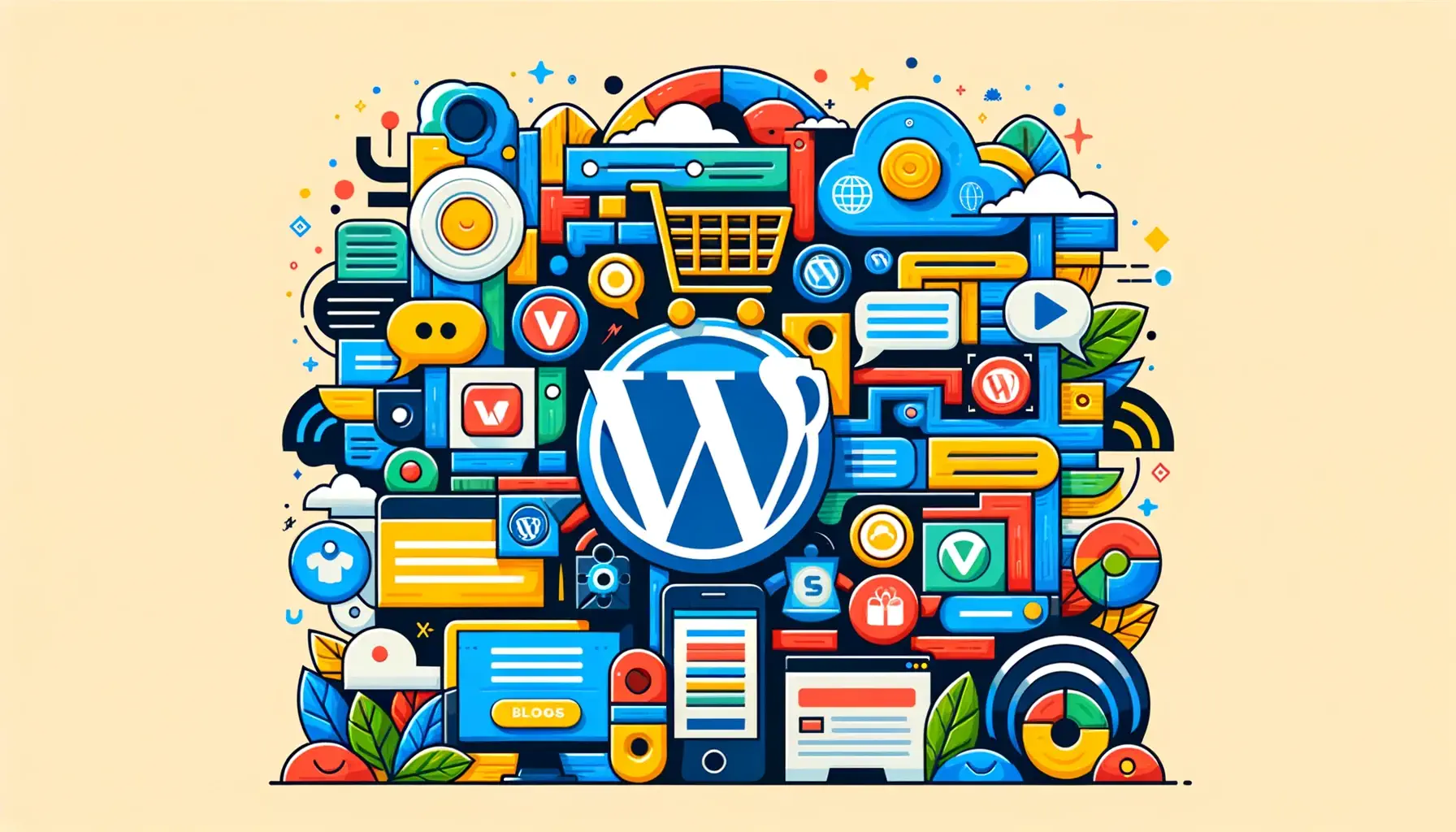 Colorful illustration featuring WordPress and e-commerce symbols such as shopping carts and plugin icons, representing a variety of free WordPress ecommerce plugins