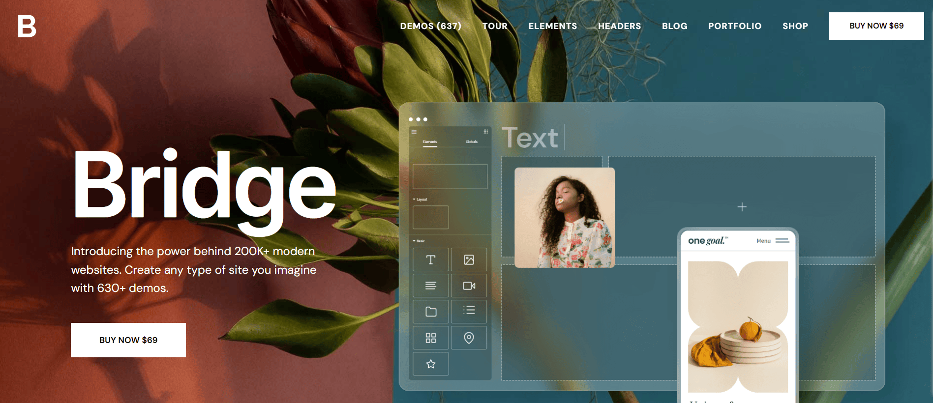 Homepage for 'Bridge' WordPress theme with a tagline about the power behind 200K+ modern websites, featuring a tropical plant background and website layout demo.