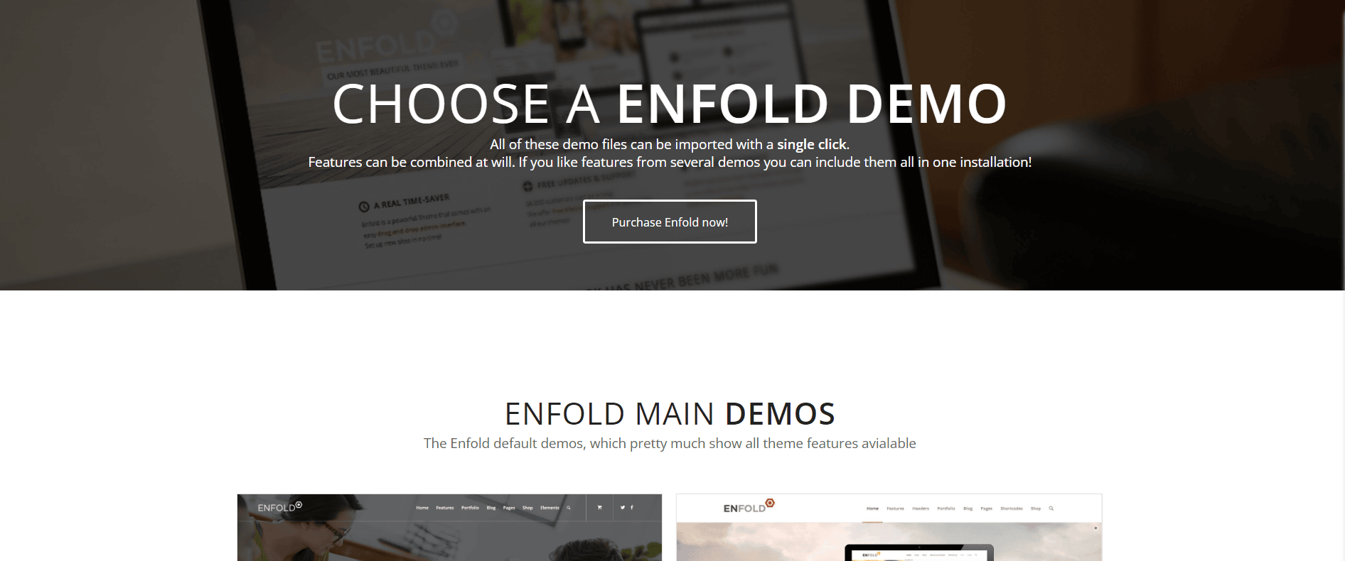 Enfold Theme's 'Choose a Demo' section highlighting the ability to combine features from various demos into one website installation.