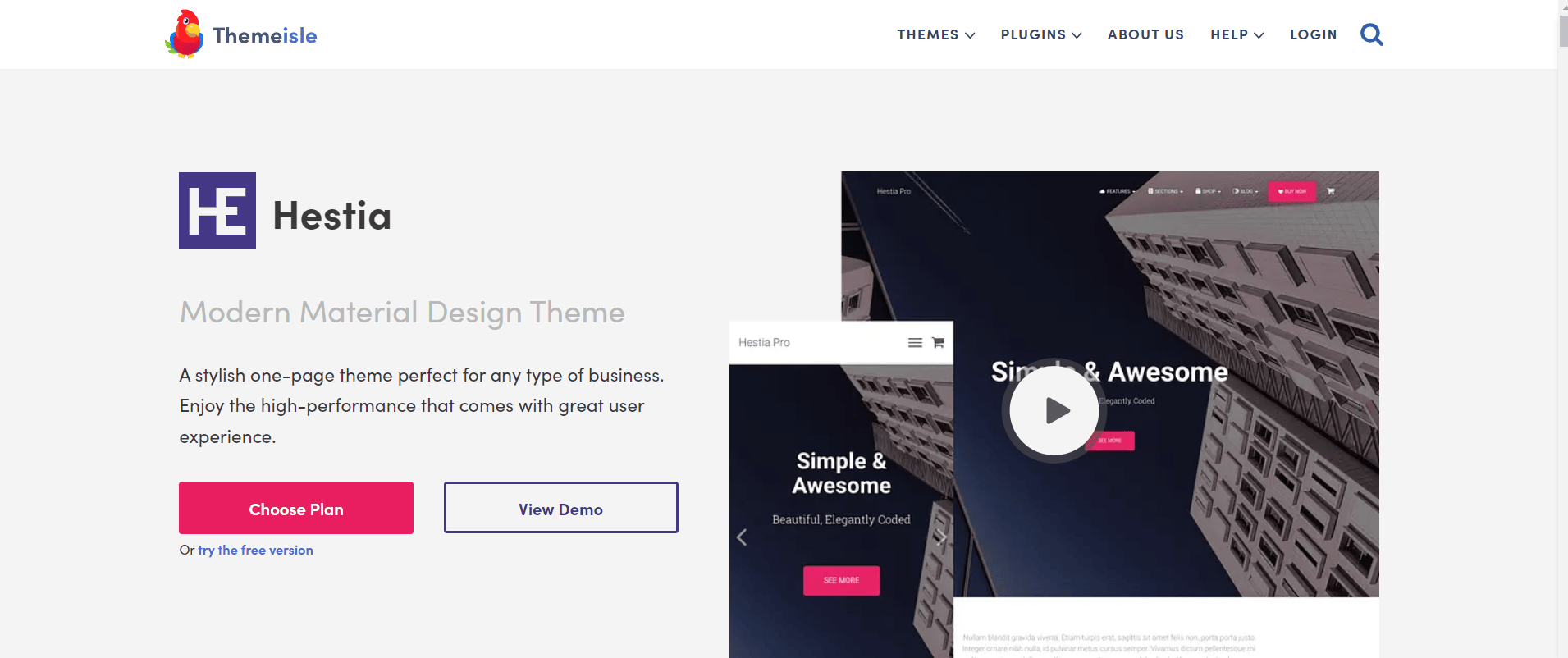 Hestia theme's homepage with a modern material design layout, presenting as a one-page theme perfect for any business, along with a demo button.