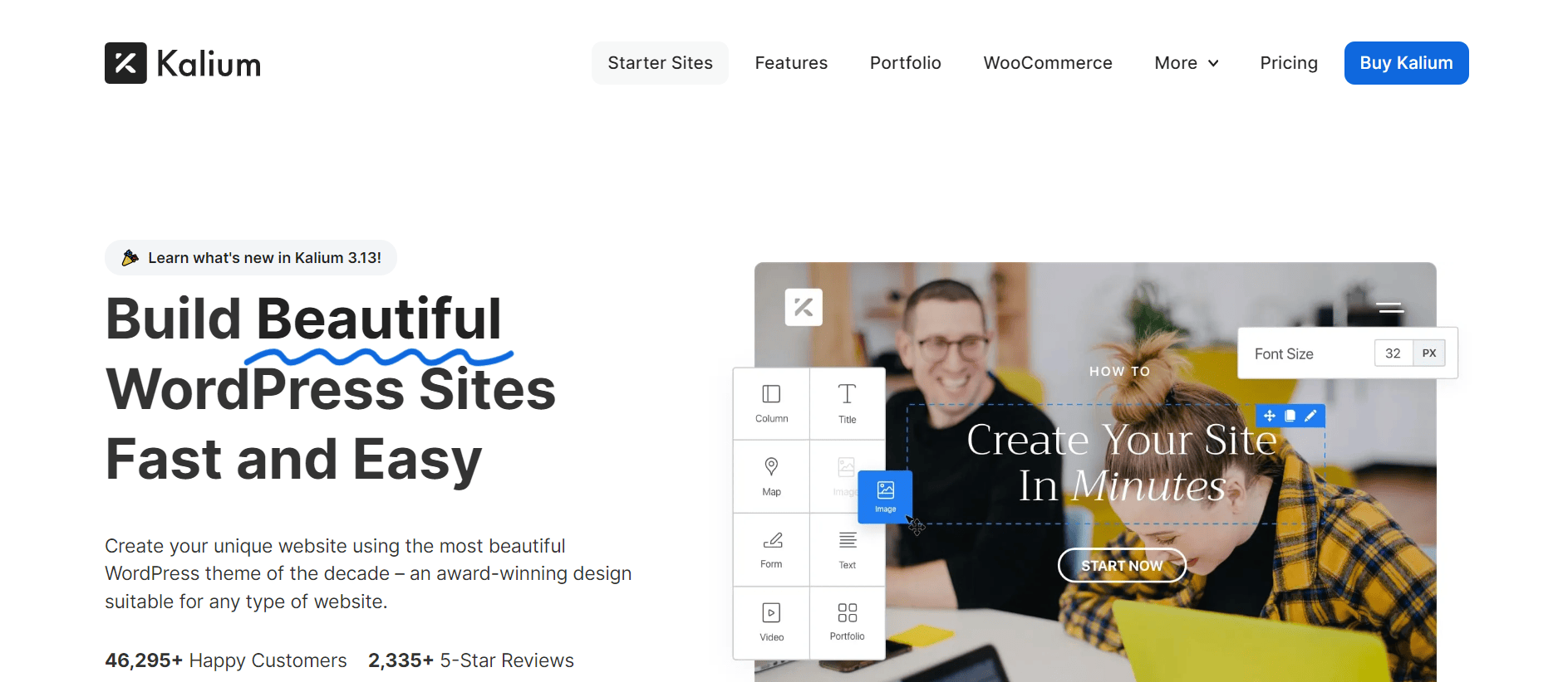 Kalium theme's website header featuring the slogan 'Build Beautiful WordPress Sites Fast and Easy' with images of the page builder and a cheerful man using a laptop.