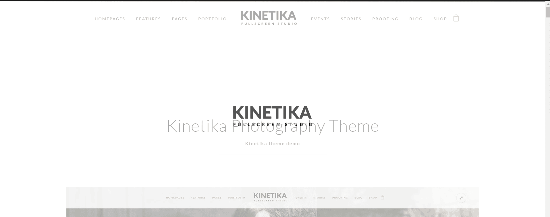 Homepage banner for Kinetika, a full-screen photography WordPress theme, featuring a large, faded title and a monochrome preview of a camera lens.