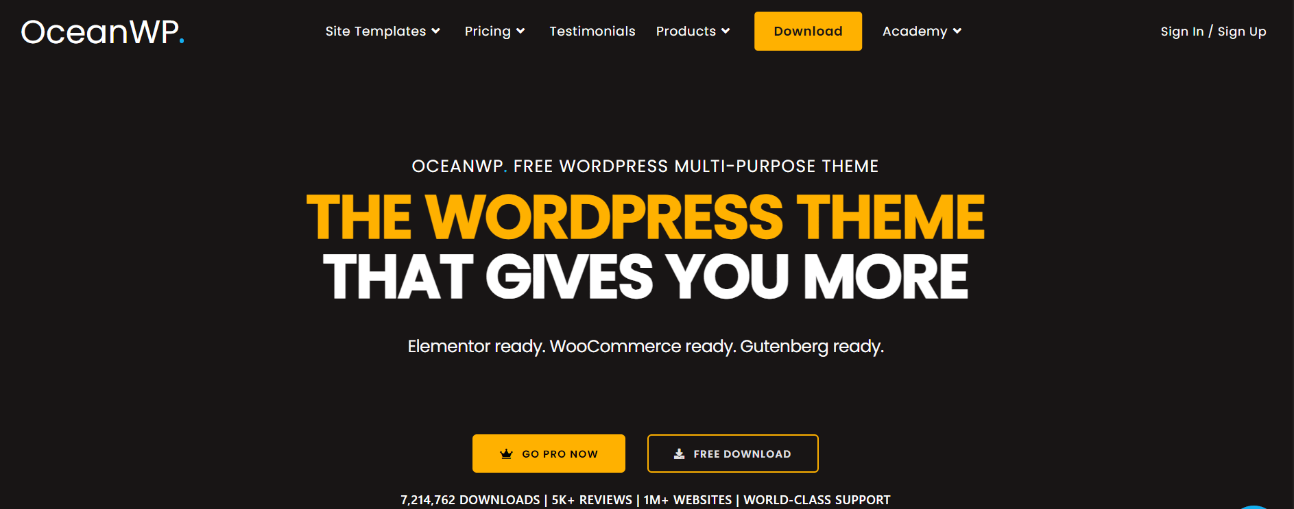 Screenshot of OceanWP's homepage promoting their free multi-purpose WordPress theme that's Elementor and WooCommerce ready, with a download count and customer support details.