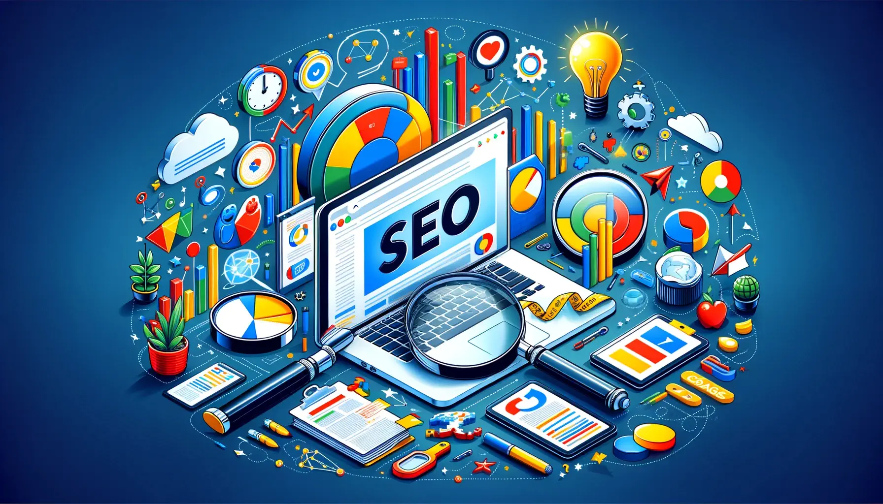 Illustrative concept for 'Maximizing SEO: On-page and Off-page SEO Strategies' with a laptop displaying SEO surrounded by colorful, dynamic icons of charts, keywords, backlinks, and social media, all in Google's colors.