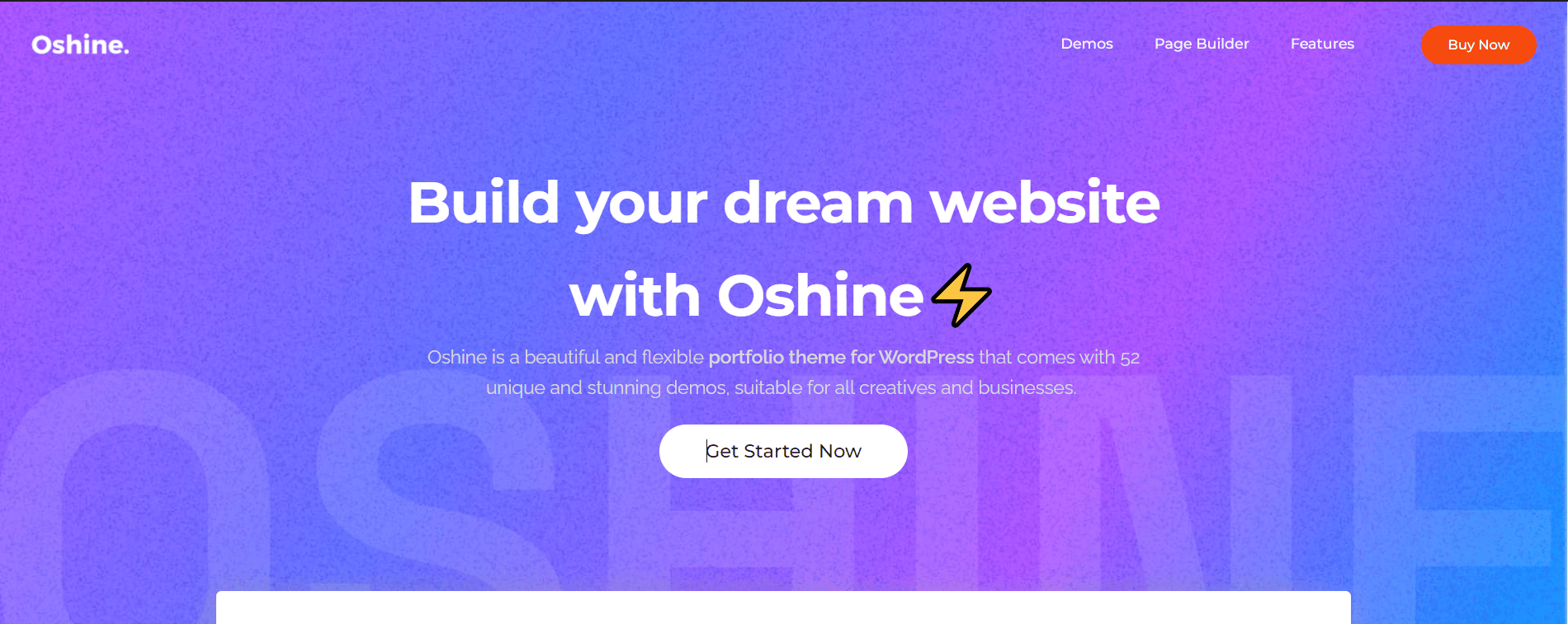 Oshine theme's homepage with a vibrant purple and blue gradient background, advertising as a beautiful and flexible portfolio theme for WordPress.