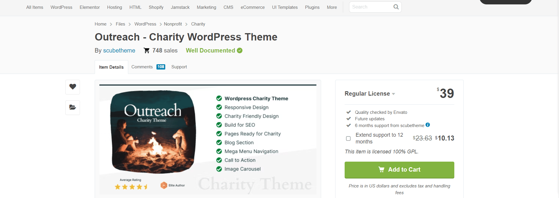 Webpage showcasing 'Outreach - Charity WordPress Theme' with a preview image featuring a person sitting by a campfire, along with theme details and a purchase option priced at $39.