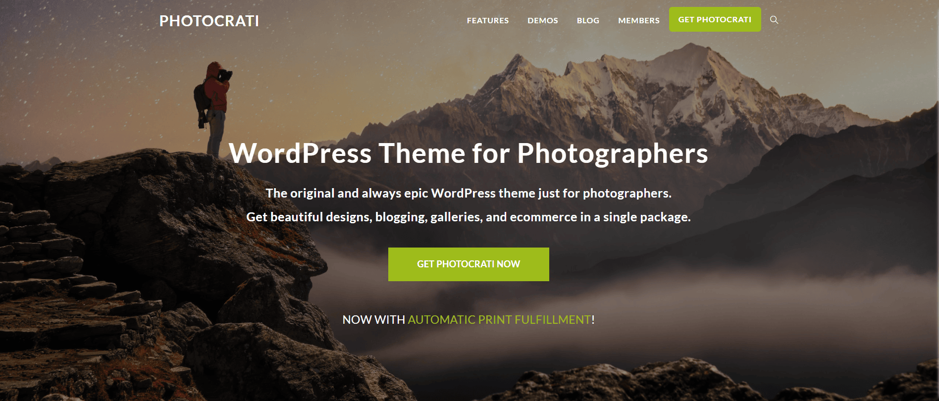 Photocrati's homepage banner showcasing a photographer on a mountain at sunrise, highlighting their WordPress theme for photographers with automatic print fulfillment.