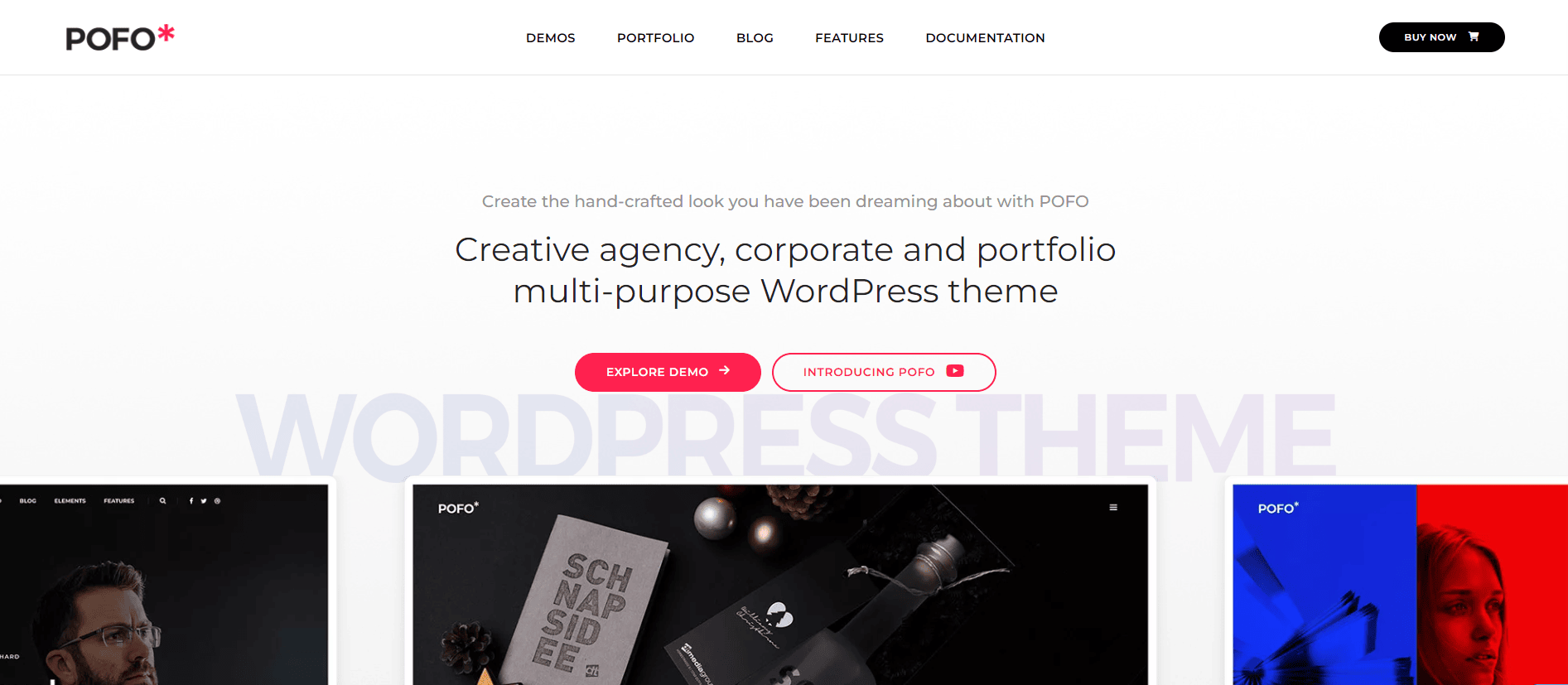 POFO WordPress theme homepage with bold text stating 'Creative agency, corporate and portfolio multi-purpose WordPress theme' and various portfolio images.