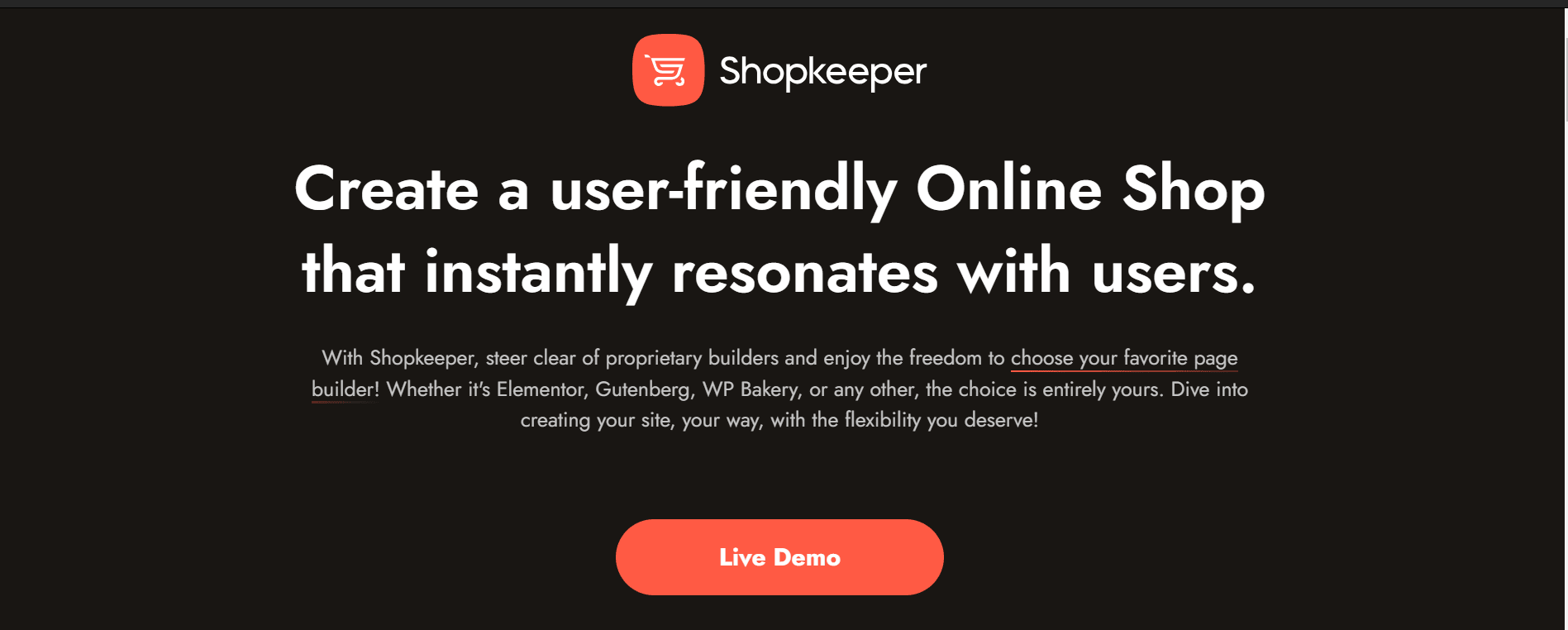 Black background on Shopkeeper's homepage with bold white text promoting a user-friendly online shop builder and an orange call-to-action button for a live demo.
