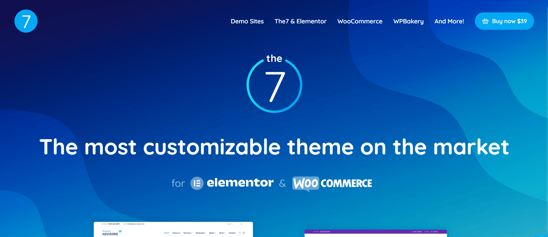Homepage banner of 'The7' theme advertising as the most customizable on the market for Elementor and WooCommerce with a blue color scheme.