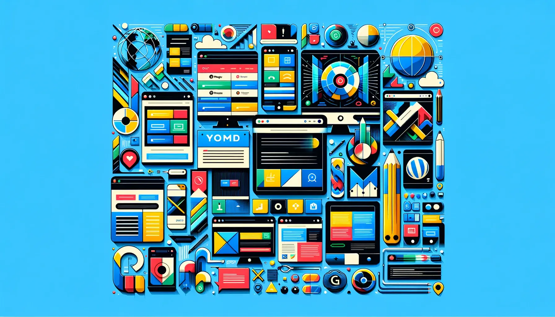 A colorful collage of various stylized website elements and icons, showcasing different WordPress themes, arranged in a pattern with Google's brand colors (blue, red, yellow, green). The overall design is vibrant and denotes a diverse range of modern and responsive web designs.