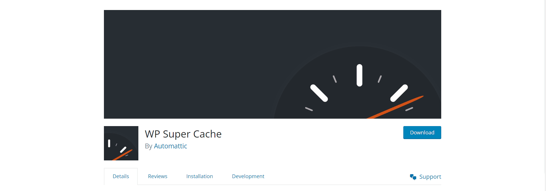 WP Super Cache plugin listing on WordPress, with the developer's name Automattic, featuring a speedometer graphic and a download button, signifying site performance improvement.