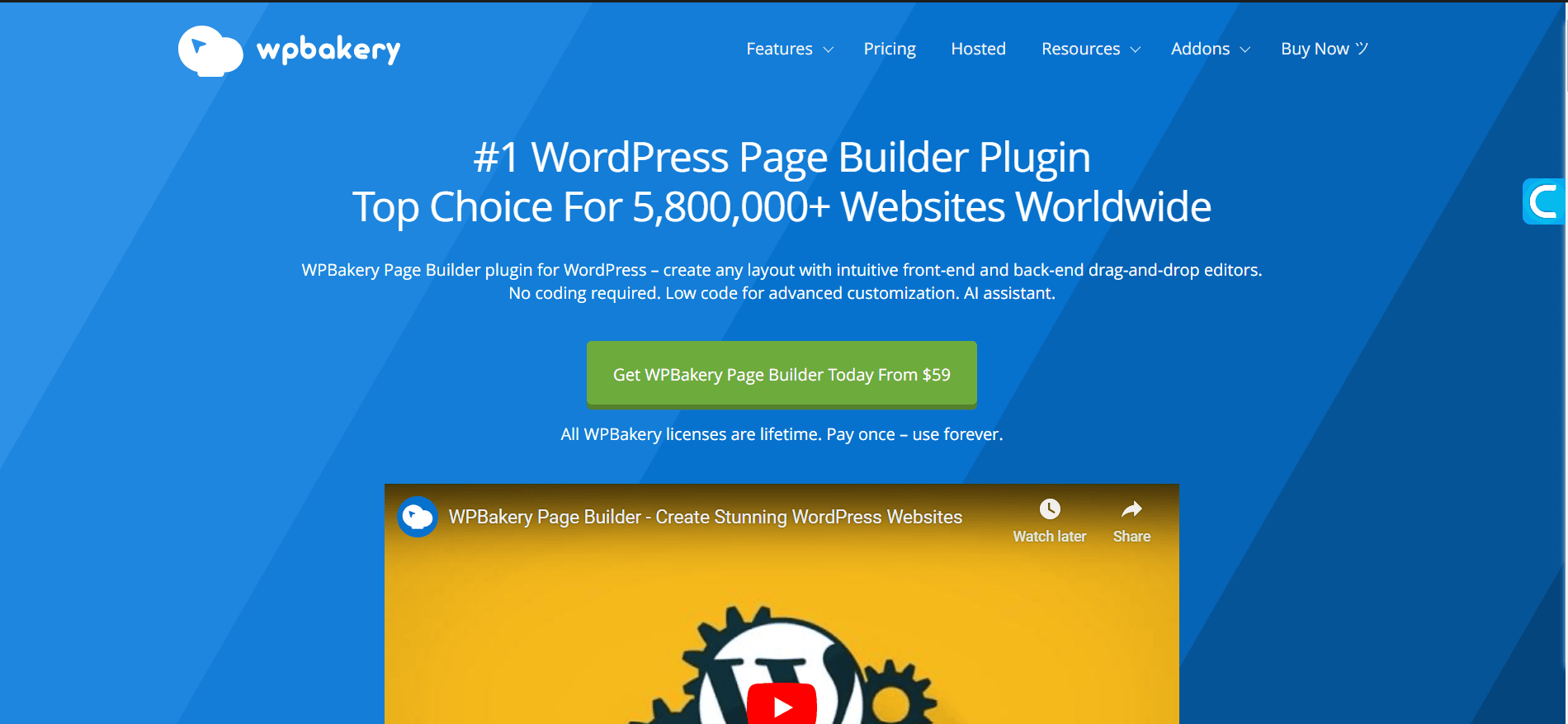 WPBakery Page Builder promotion displaying its title as the '#1 WordPress Page Builder Plugin' with pricing information, set against a blue background.